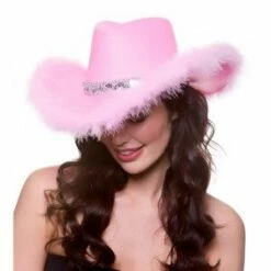 Cowboyhoed Vilt Roze Met Zilveren Pailletten En Dons